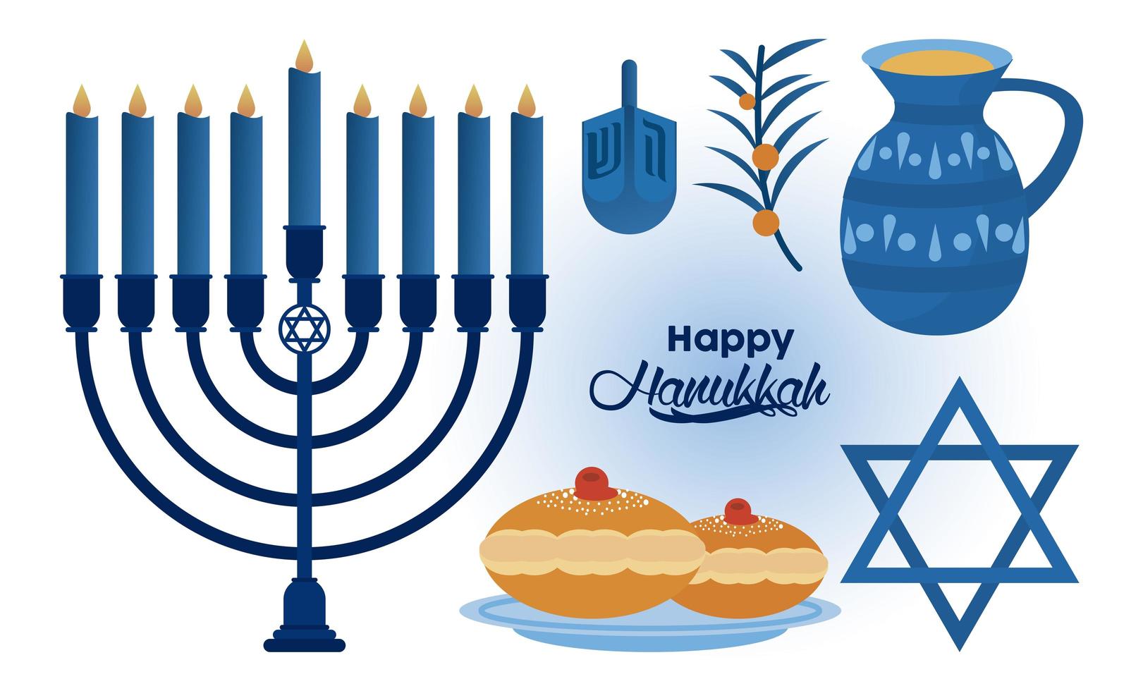 feliz celebración de hanukkah con candelabro e iconos vector