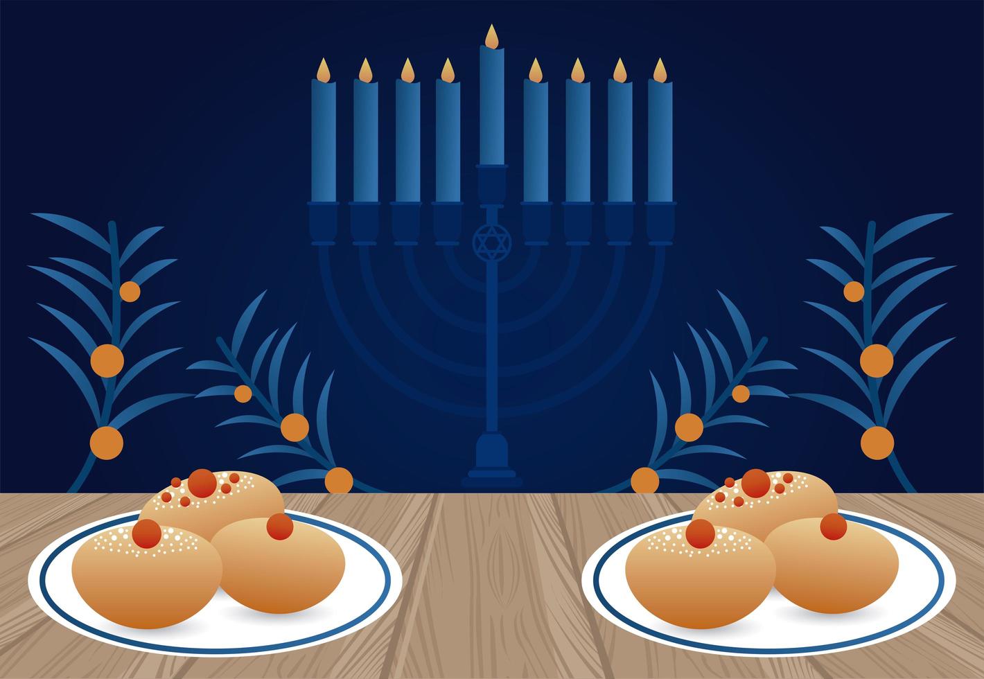 feliz celebración de hanukkah con candelabro y platos y comida vector