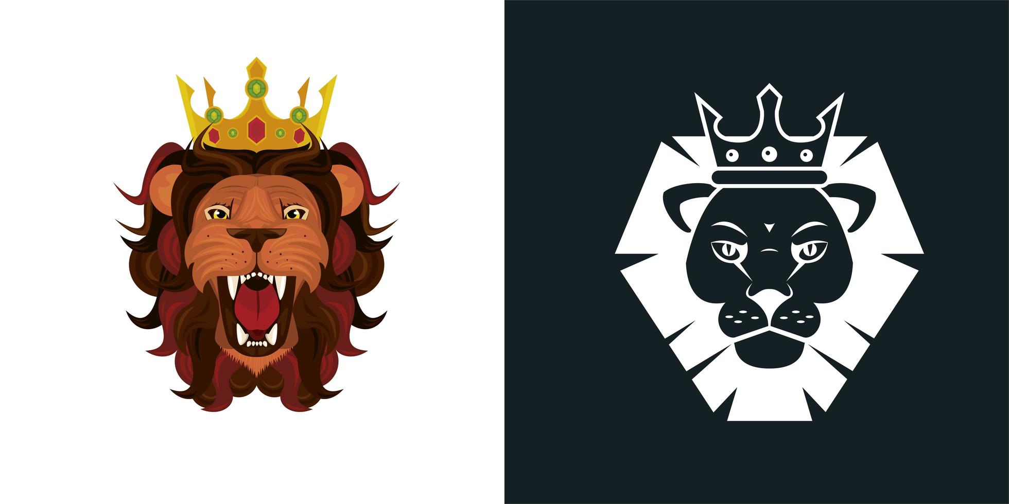 heads of lions as colorful and monochrome icons vector