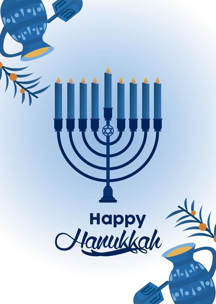 happy hanukkah celebration with blue candelabrum vector