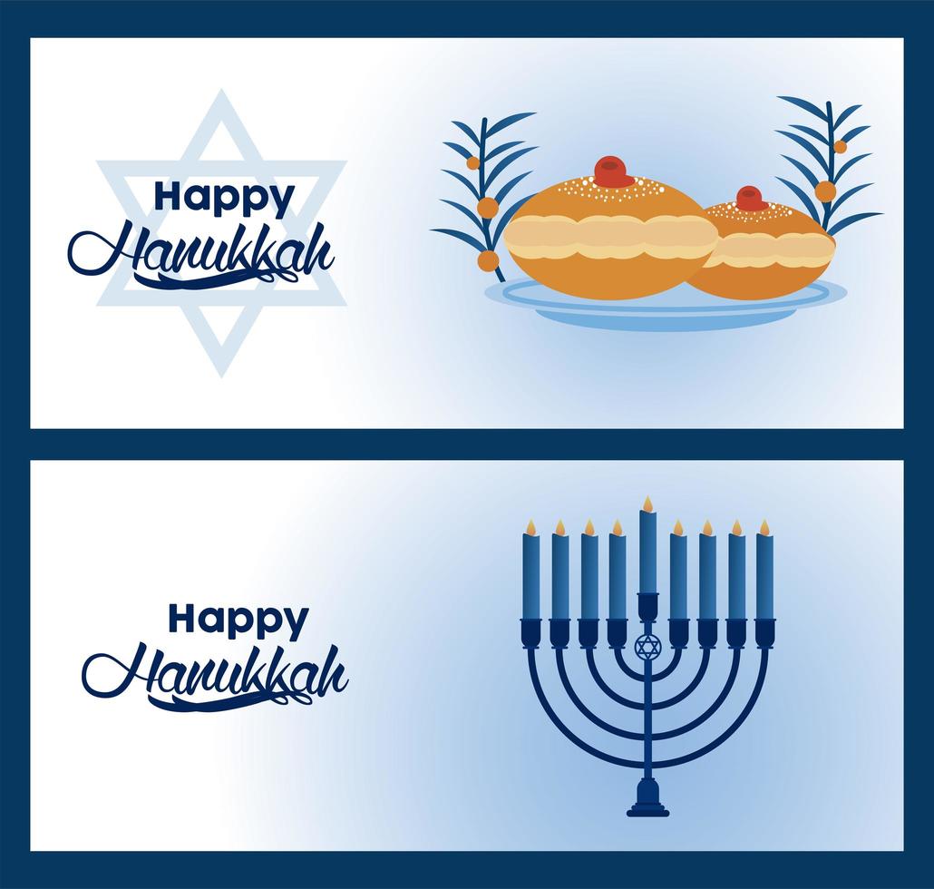 feliz celebración de hanukkah con candelabro azul y comida vector