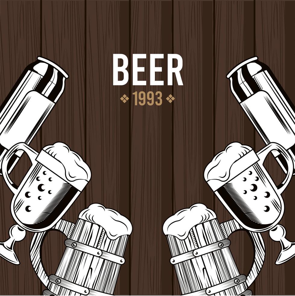 beers mugs in wooden background vector