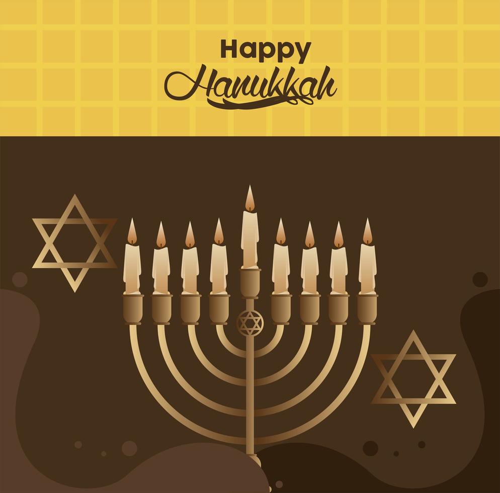 happy hanukkah celebration with candelabrum and golden stars vector
