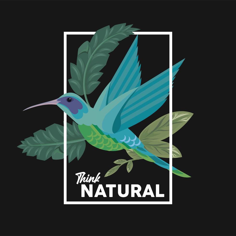 cartel de marco floral con cita natural pensar y pájaro vector