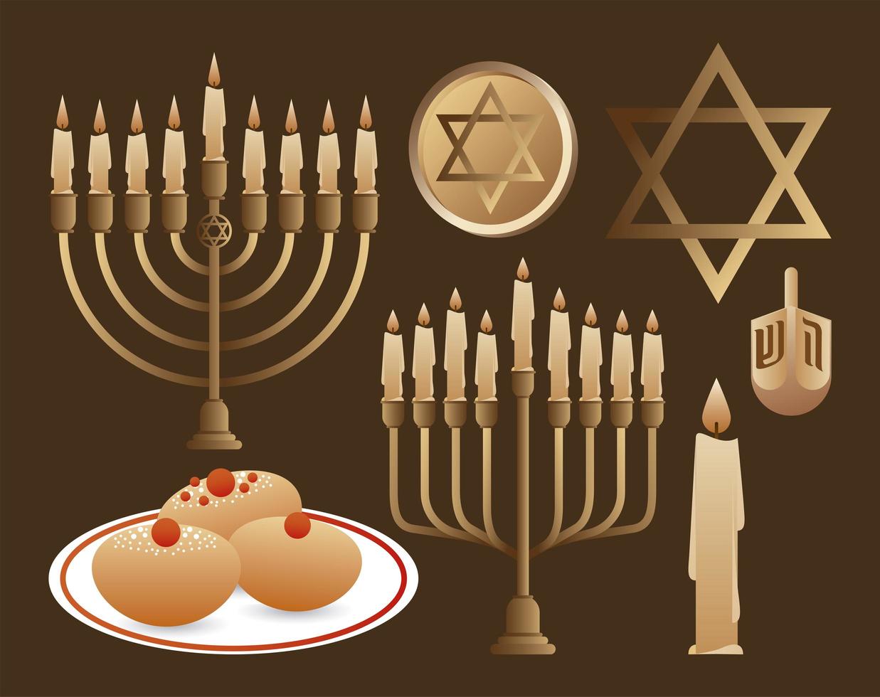 happy hanukkah celebration with candelabrums and set icons vector