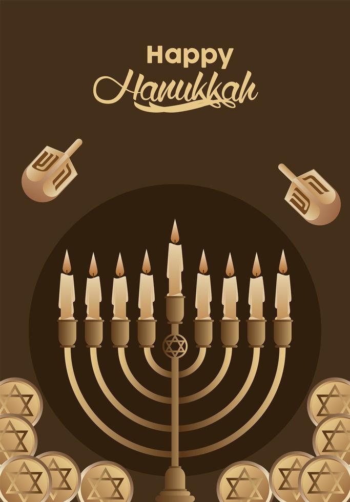 happy hanukkah lettering celebration with candelabrum and dreidels vector