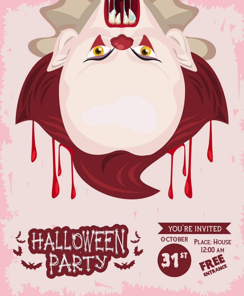 halloween horror party celebration poster with evil clown and blood vector