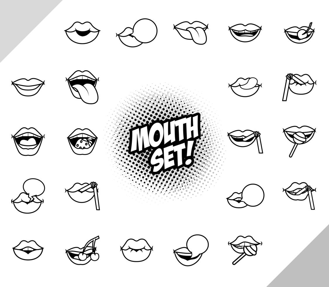 paquete de veintidós iconos de estilo de línea de bocas de arte pop vector