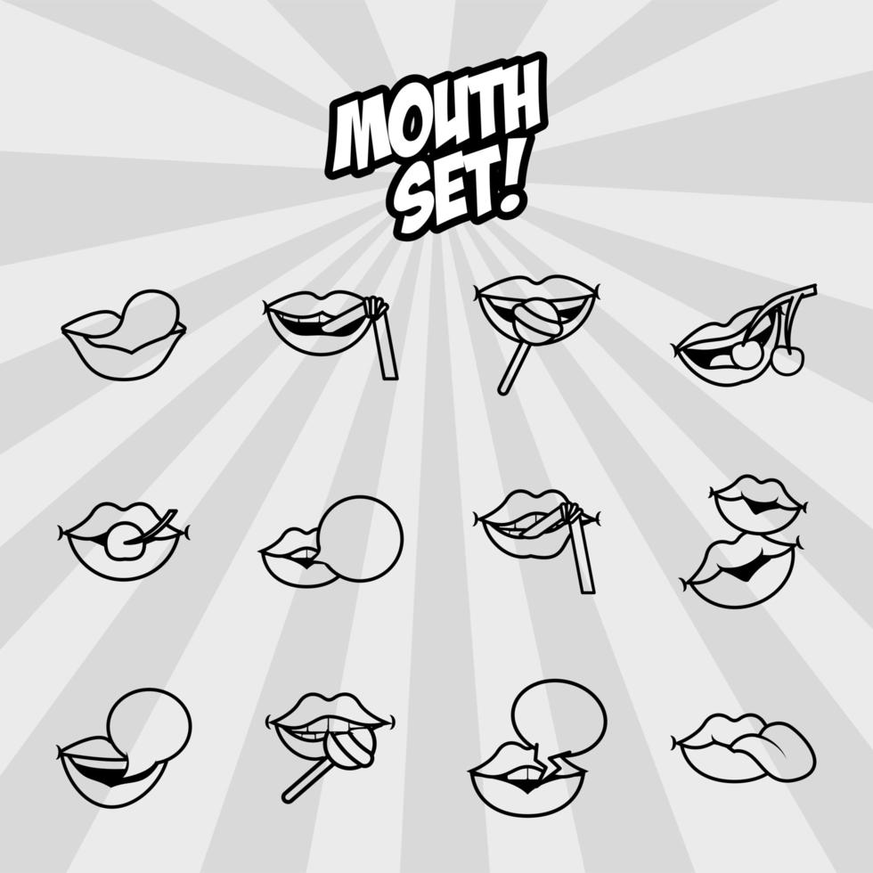 bundle of twelve pop art mouths line style icons vector