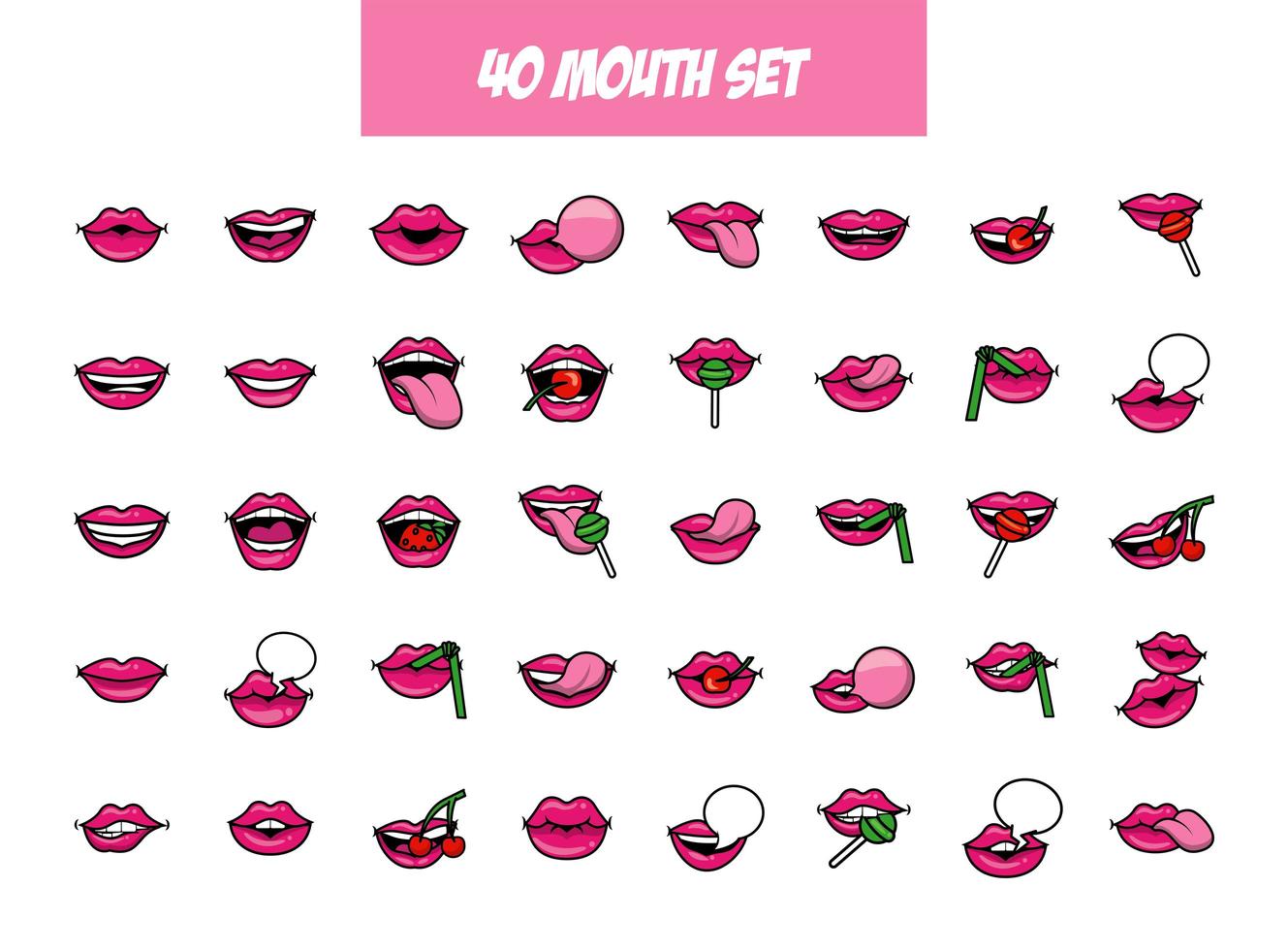 bundle of forty pop art mouths fill style icons vector