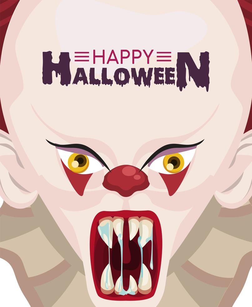 happy halloween horror celebration poster with clown evil and lettering vector
