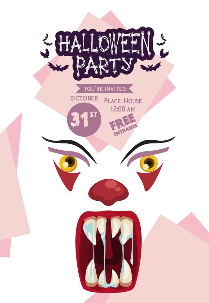 cartel de celebración de fiesta de terror de halloween con cara malvada de payaso vector