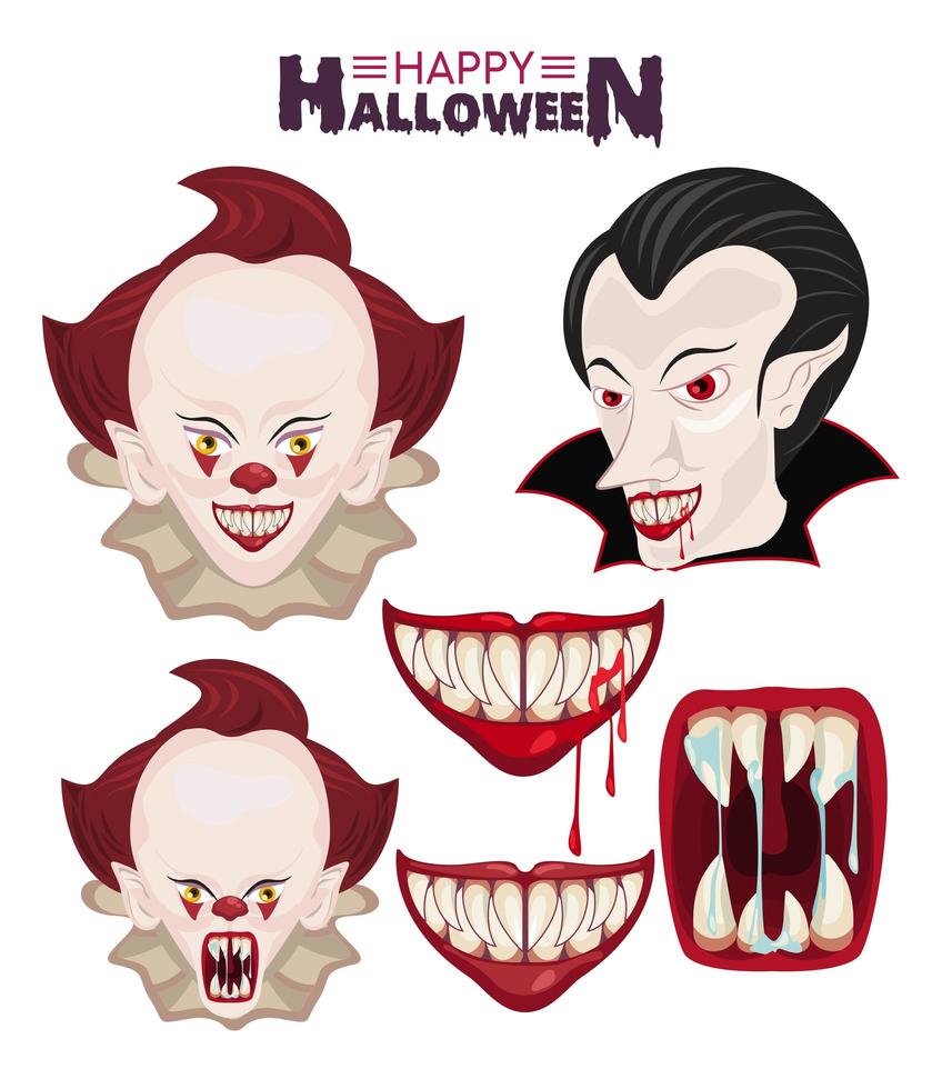 Feliz cartel de celebración de terror de halloween con payasos e iconos de vampiros vector