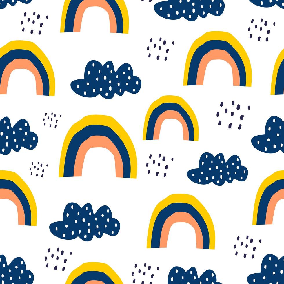 Clouds seamless pattern, vector illustration background with rainbow and rain. Hand drawn childish style. Drawing for kids and baby textile, apparel print.