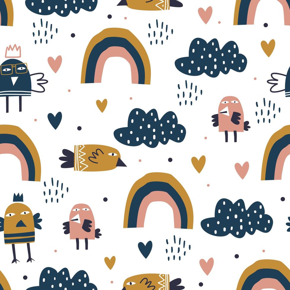arco iris y pájaro de patrones sin fisuras. ilustración vectorial para bebé y niños imprimir. Fondo de elementos de envoltura textil. vector