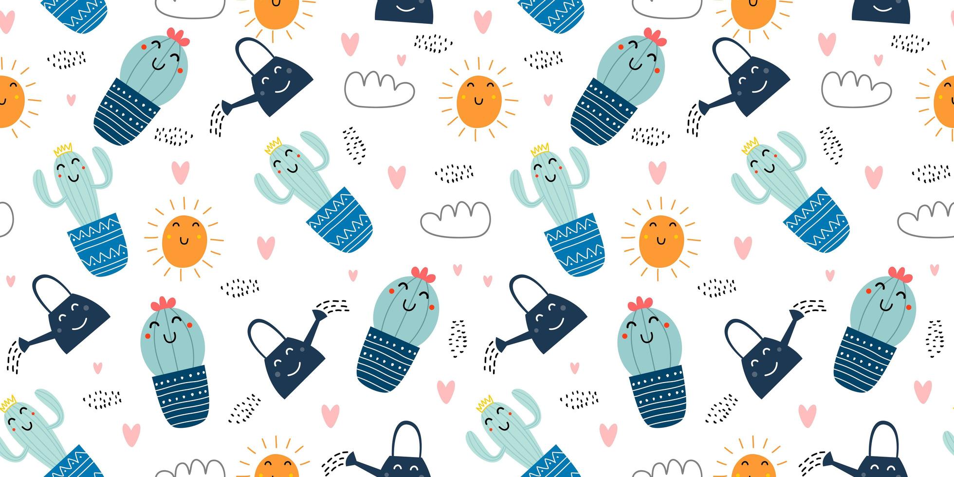 Cute cactus seamless pattern. Hand drawn vector illustration, funny botanical childish drawing. Cartoon scandinavian style for baby, kids, and children fashion textile ready to print.