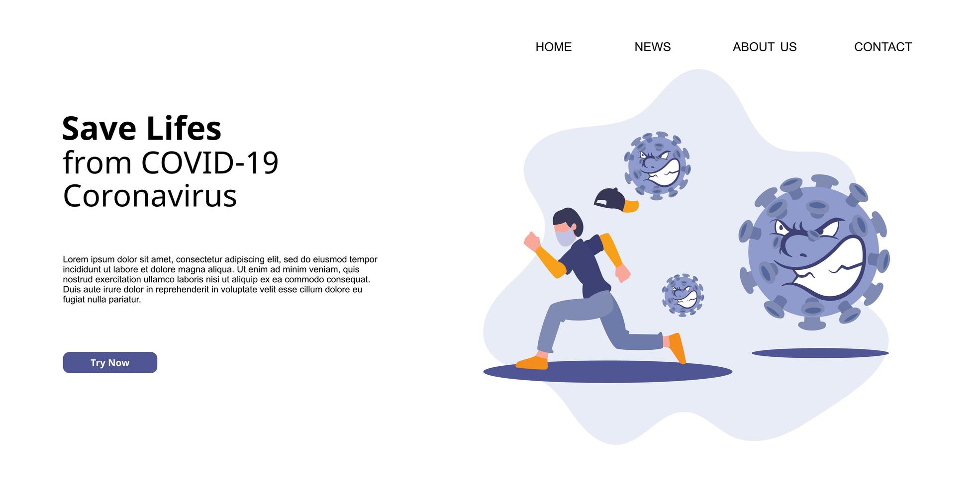 Coronavirus COVID-19 landing page campaign. A man running from virus attack. vector