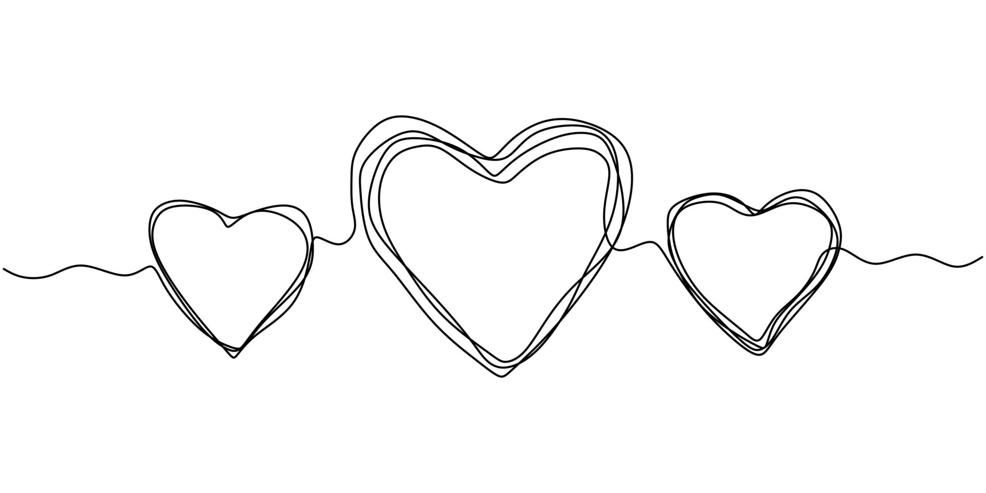 dibujo continuo de una línea de corazón. símbolo del amor garabato dibujado a mano minimalismo de tres corazones. vector