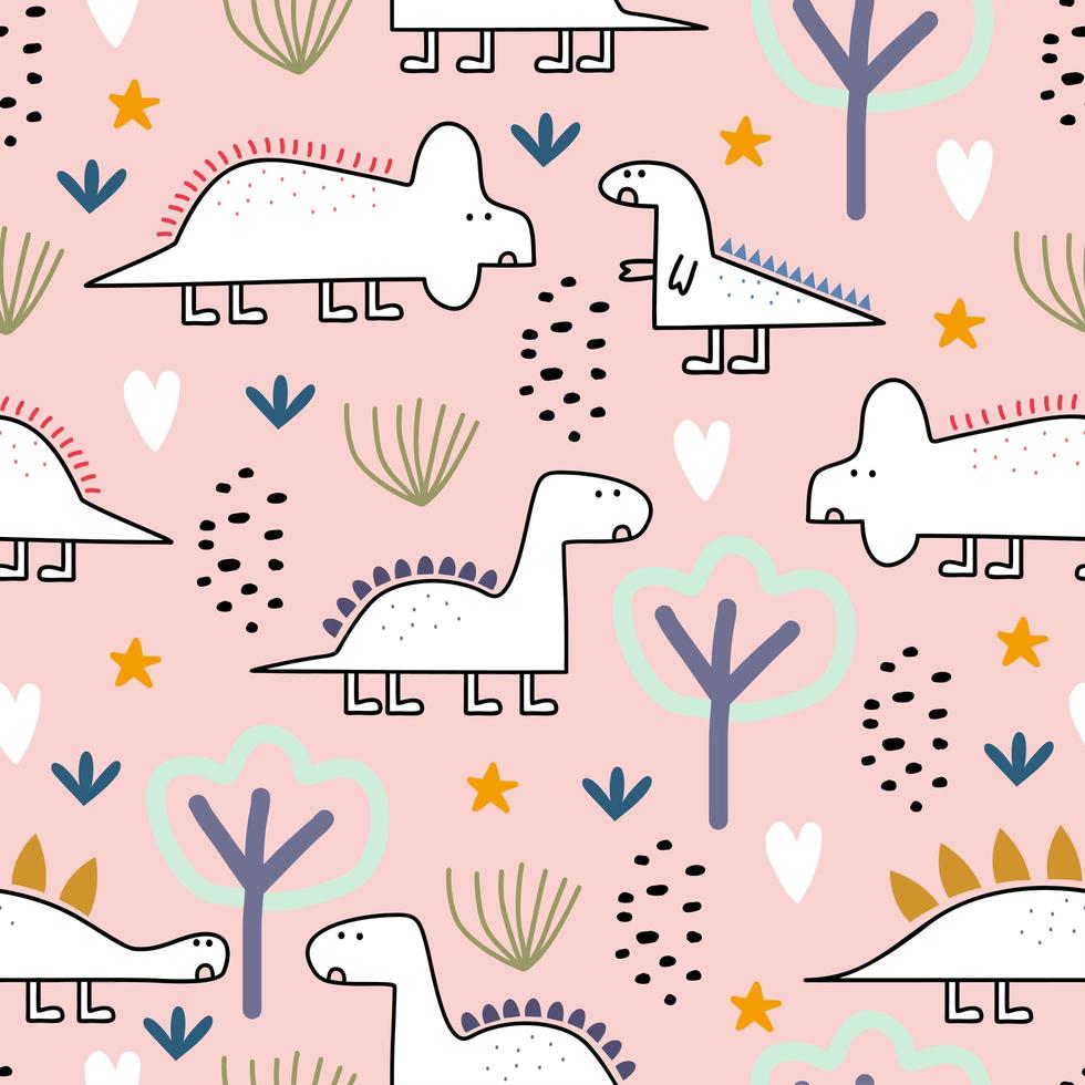 Dinosaur seamless pattern, vector illustration with childish drawing pastel colors. Cute monster characters in jungle.
