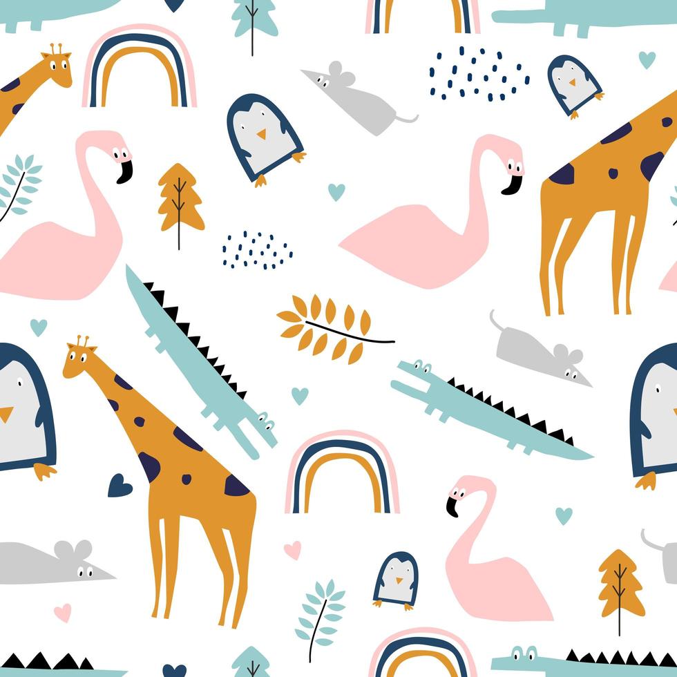 Safari de patrones sin fisuras con flamencos, cocodrilos, jirafas, ratas y pingüinos. vector