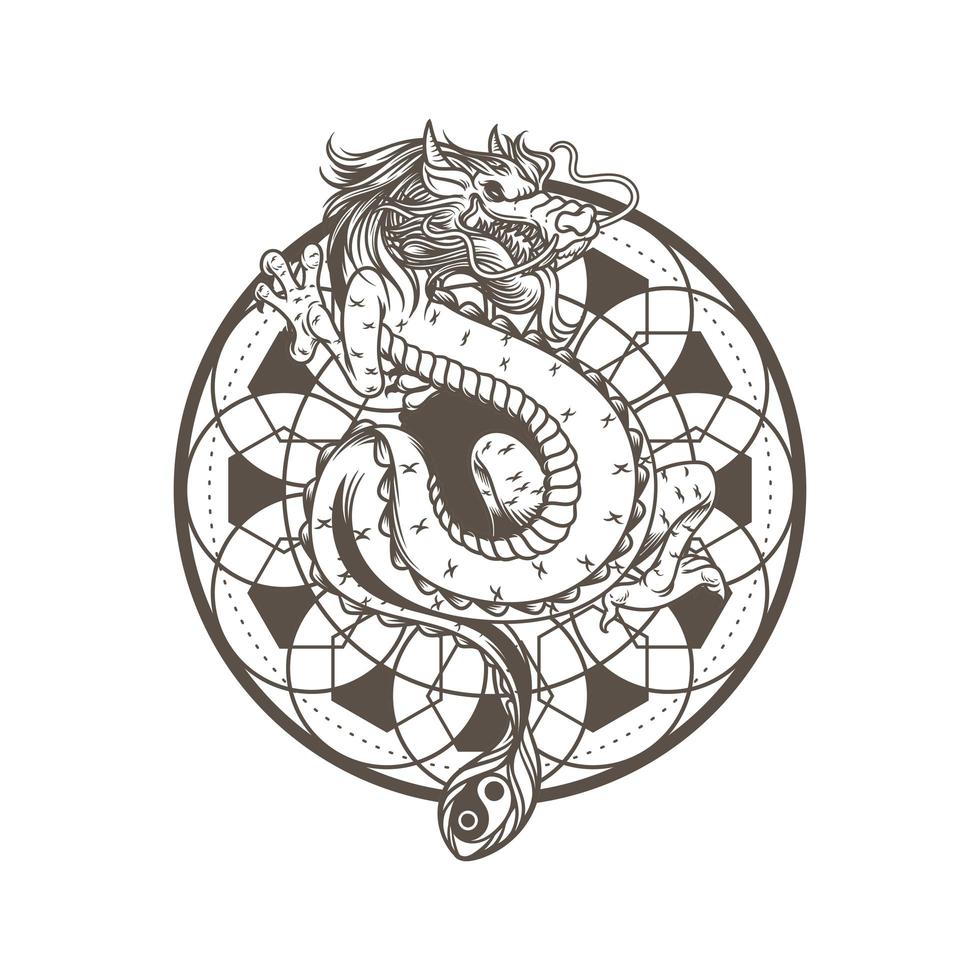 Ilustración de vector de dibujo de dragón, antiguo mandala espiritual. serpiente dragón asiático monstruo. personaje animal de la mitología aislado sobre fondo blanco.