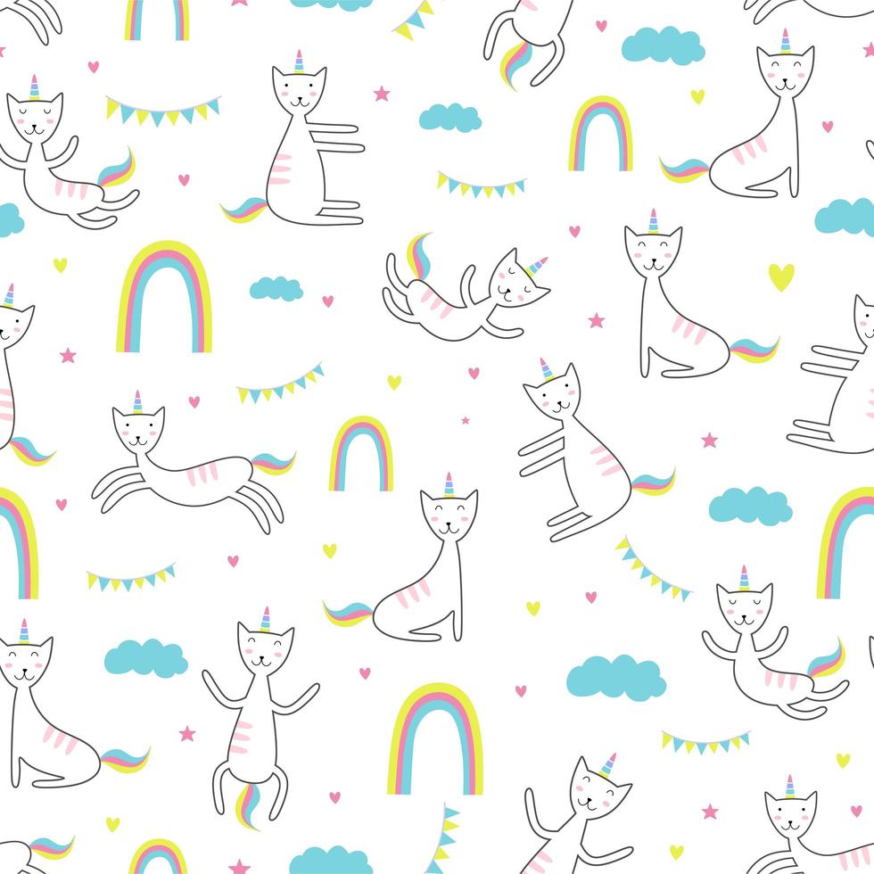 Cat unicorn seamless pattern. Trendy childish drawing style. vector