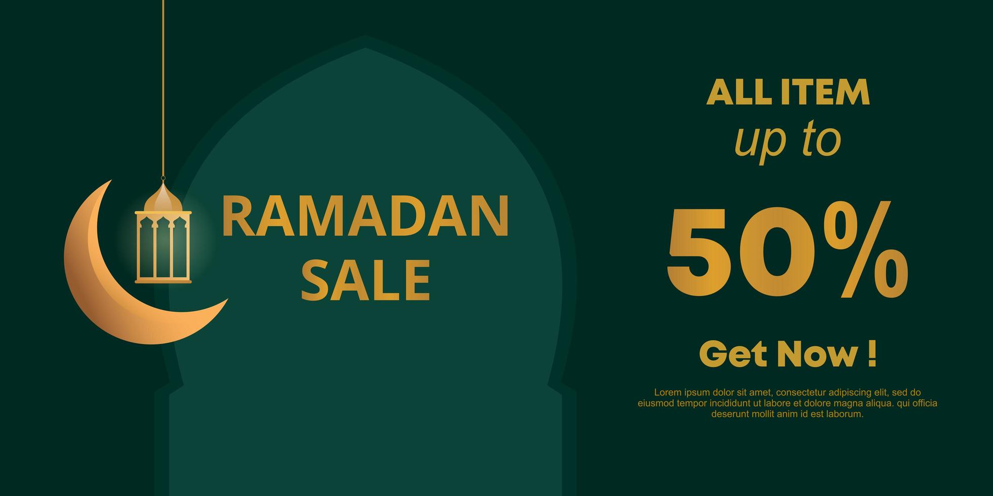 Ramadan sale social media banner design, vector illustration. Promotion template for Islamic community, green and gold colors.