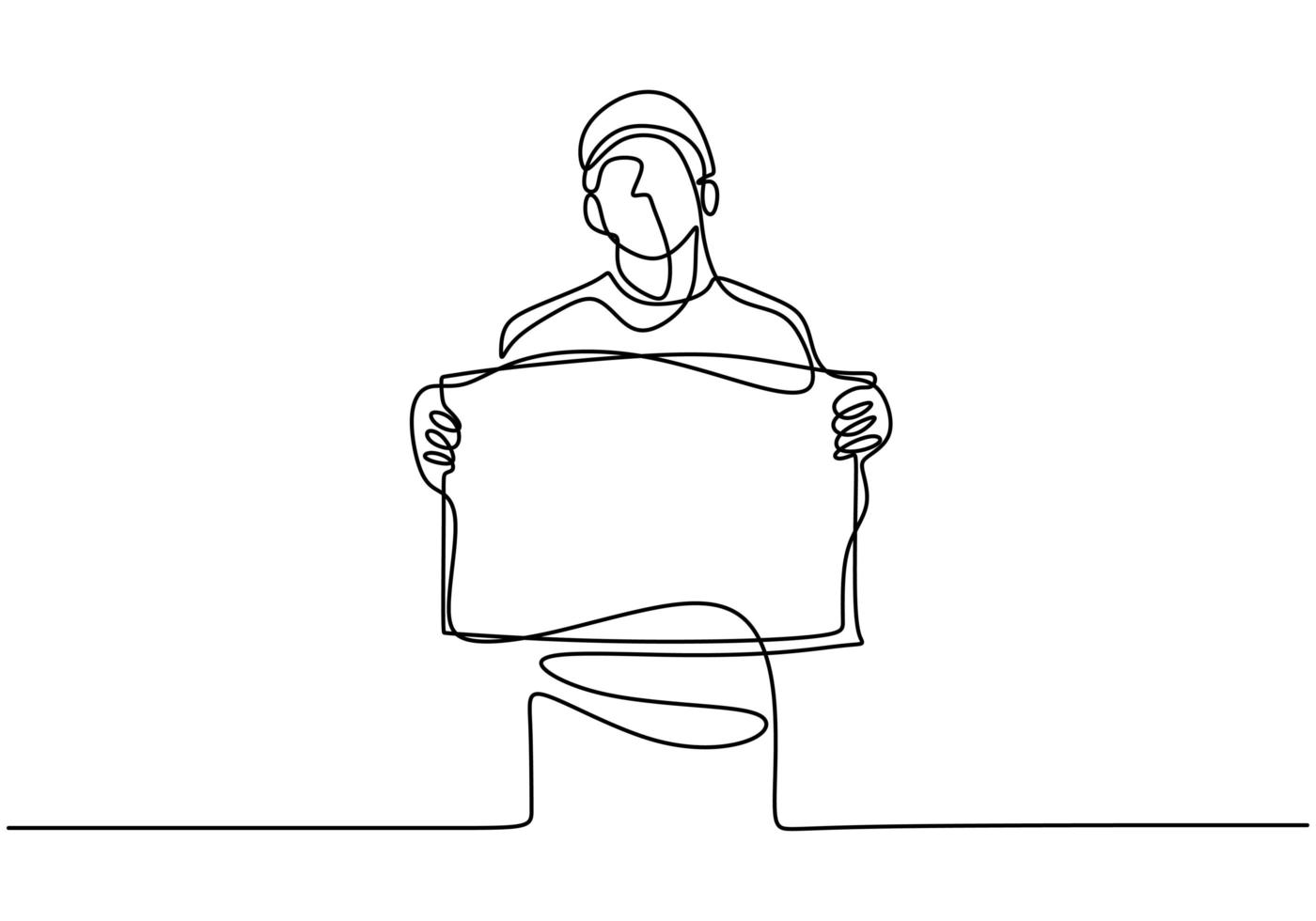 A man holding a blank paper roll. Continuous one line drawing. vector