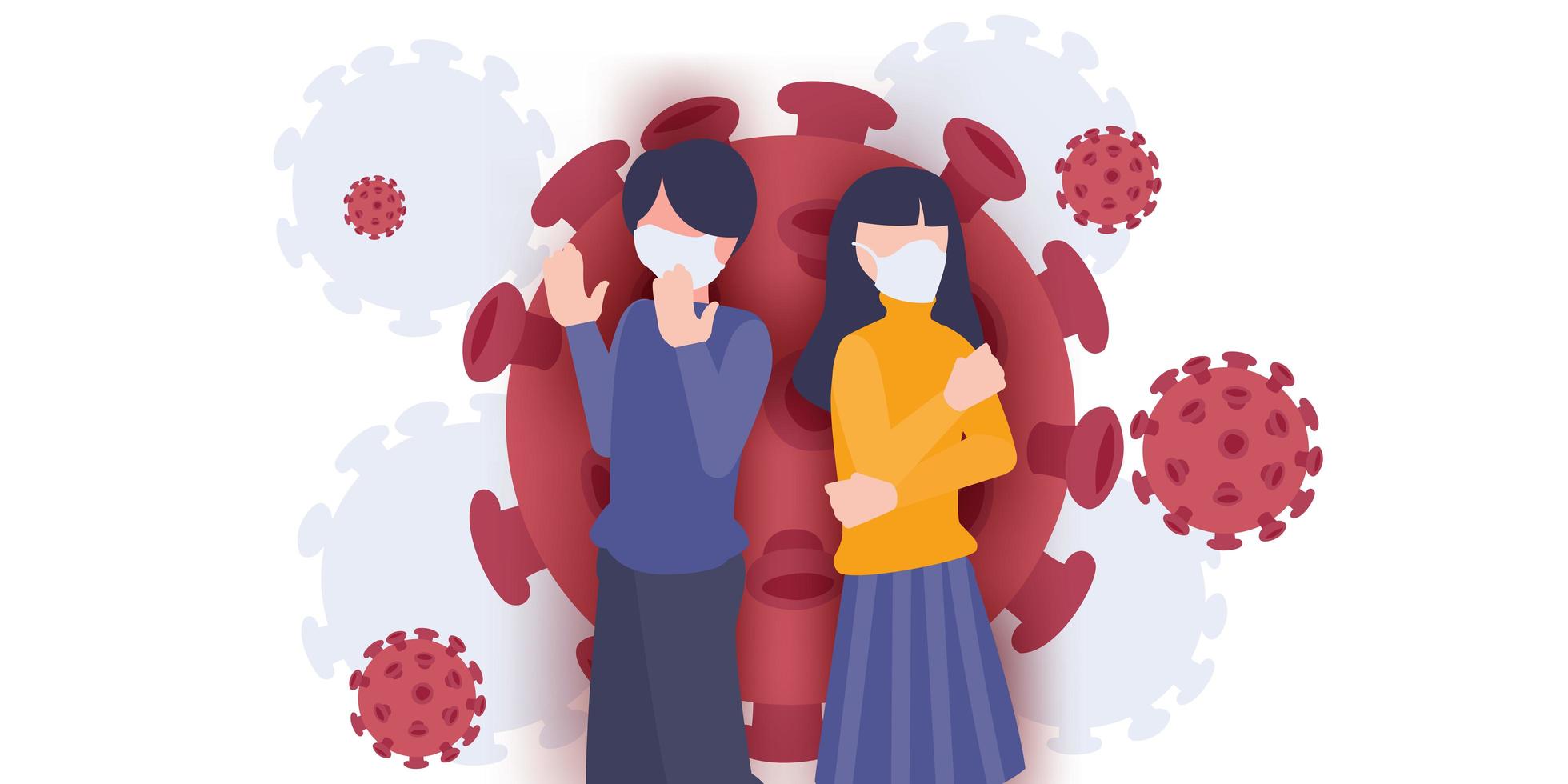 2019-ncov banner with coronavirus background. Figure of man and women wearing mask. Flat cartoon vector illustration. Person praying for pandemic outbreak.