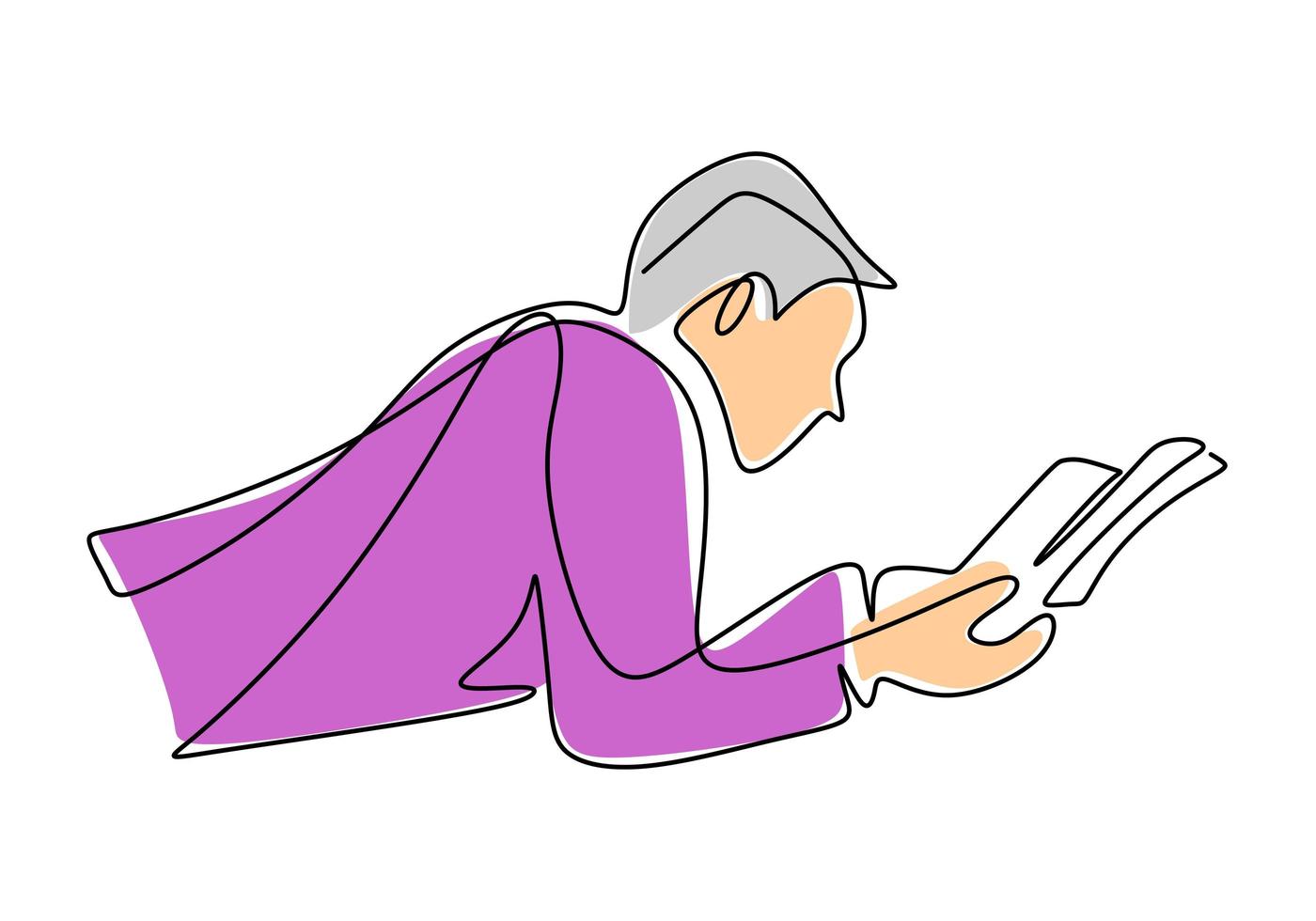 Continuous single drawn one line, man enjoy reads book. vector