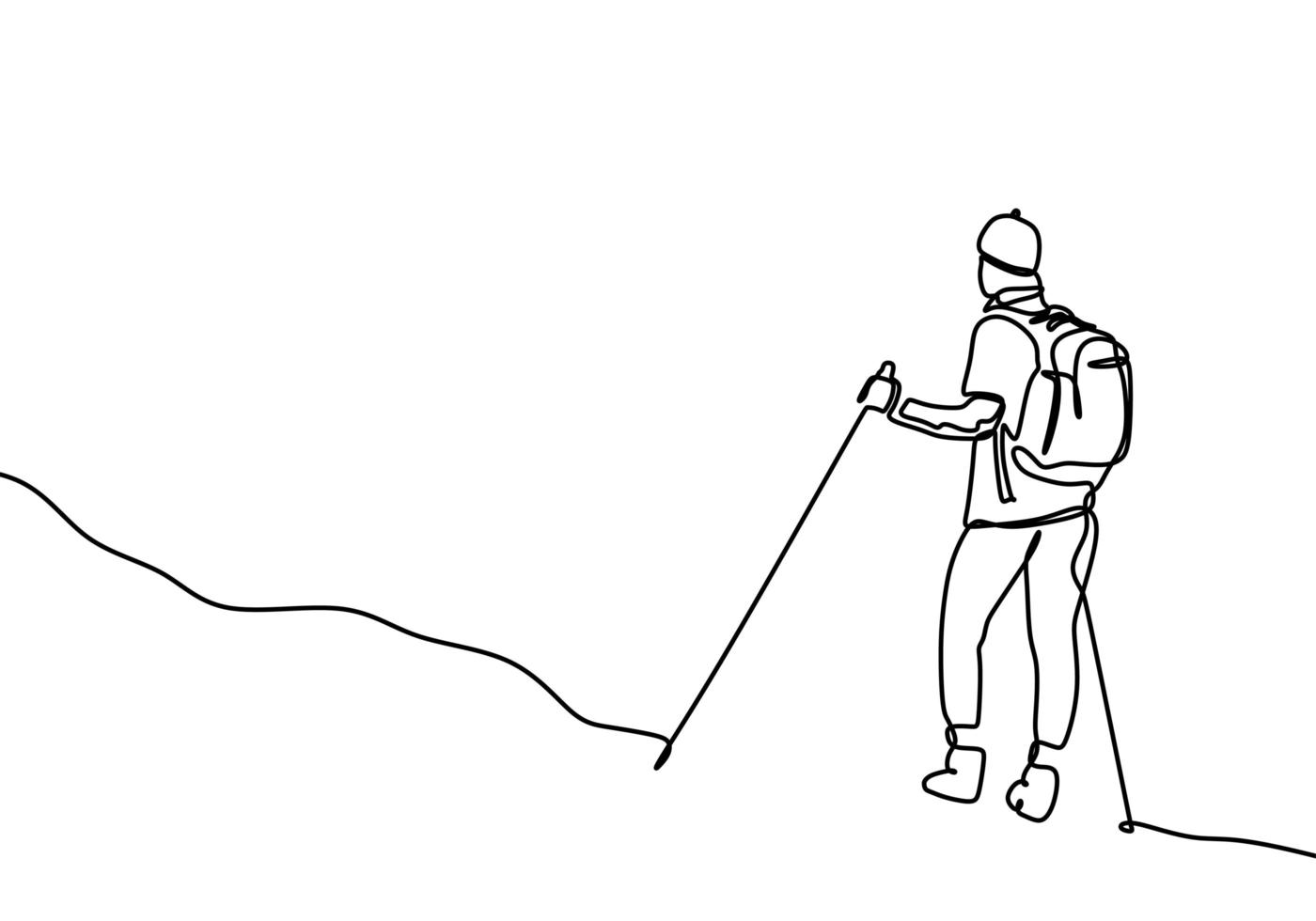 viajero caminando con bastón, dibujo continuo de una línea, ilustración vectorial actividad al aire libre. un deporte de senderismo hombre sobre tema de vacaciones. vector