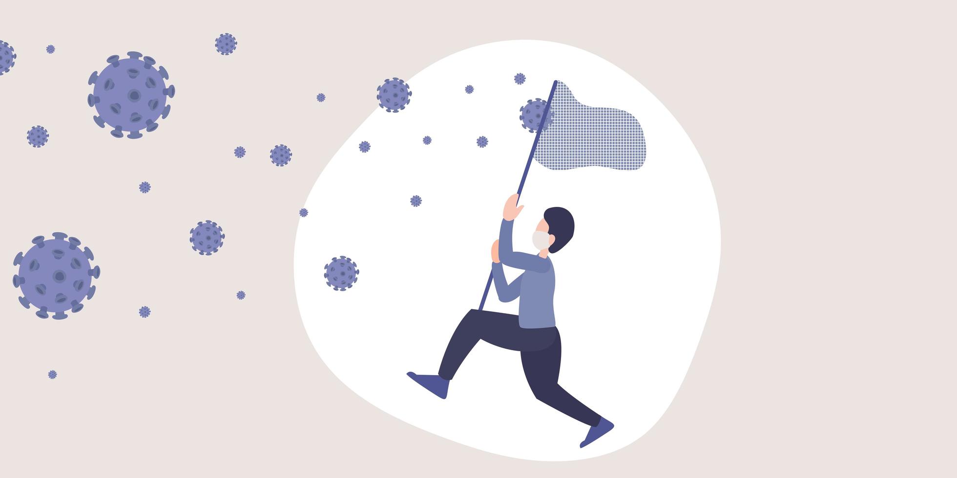 Ilustración plana de la metáfora del coronavirus 2019-ncov. vector de un hombre que intenta atrapar virus en el aire con un bastón de red.