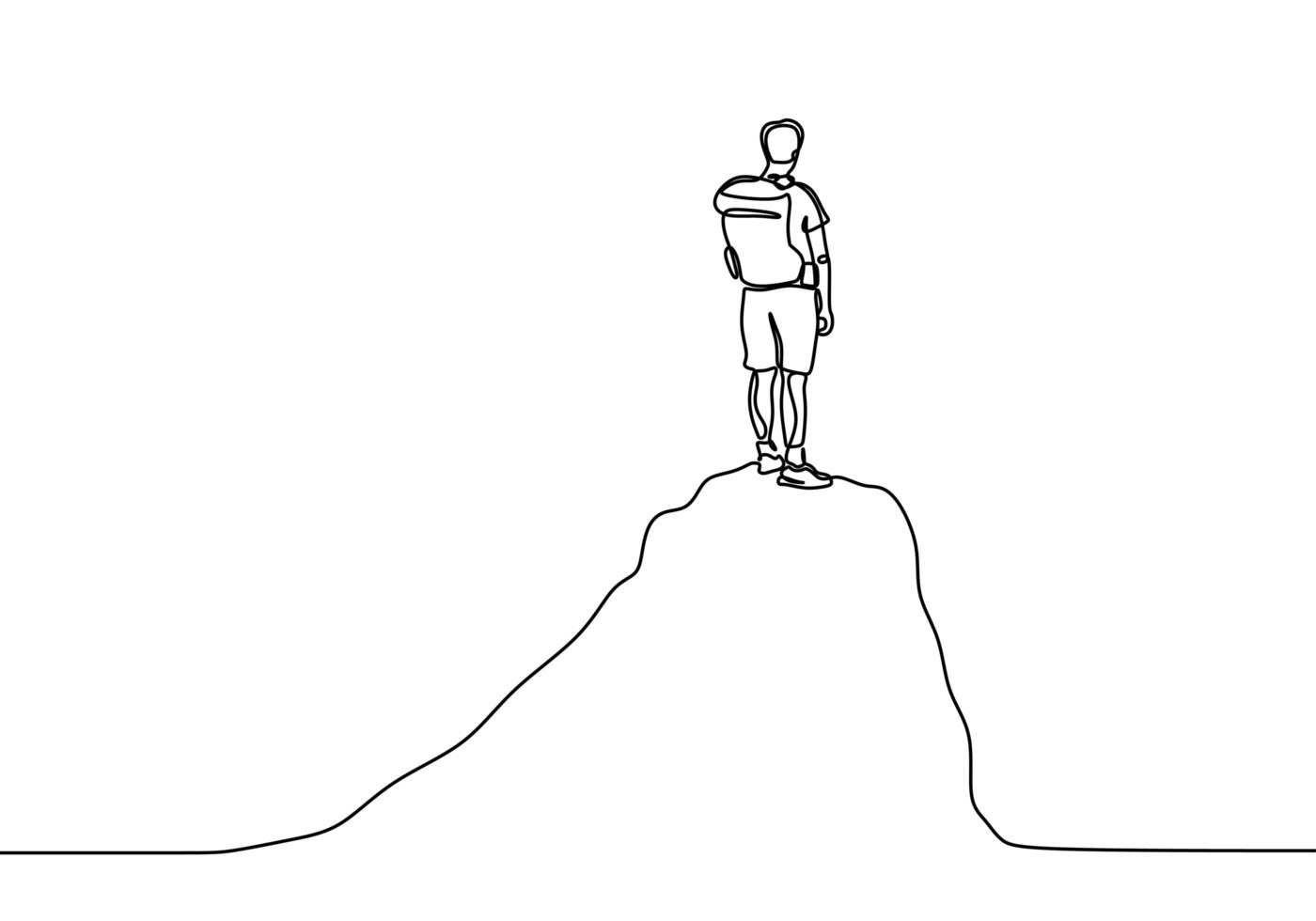 Continuous line drawing of person standing on peak of mountain. Concept of happy success achieving goals theme. vector
