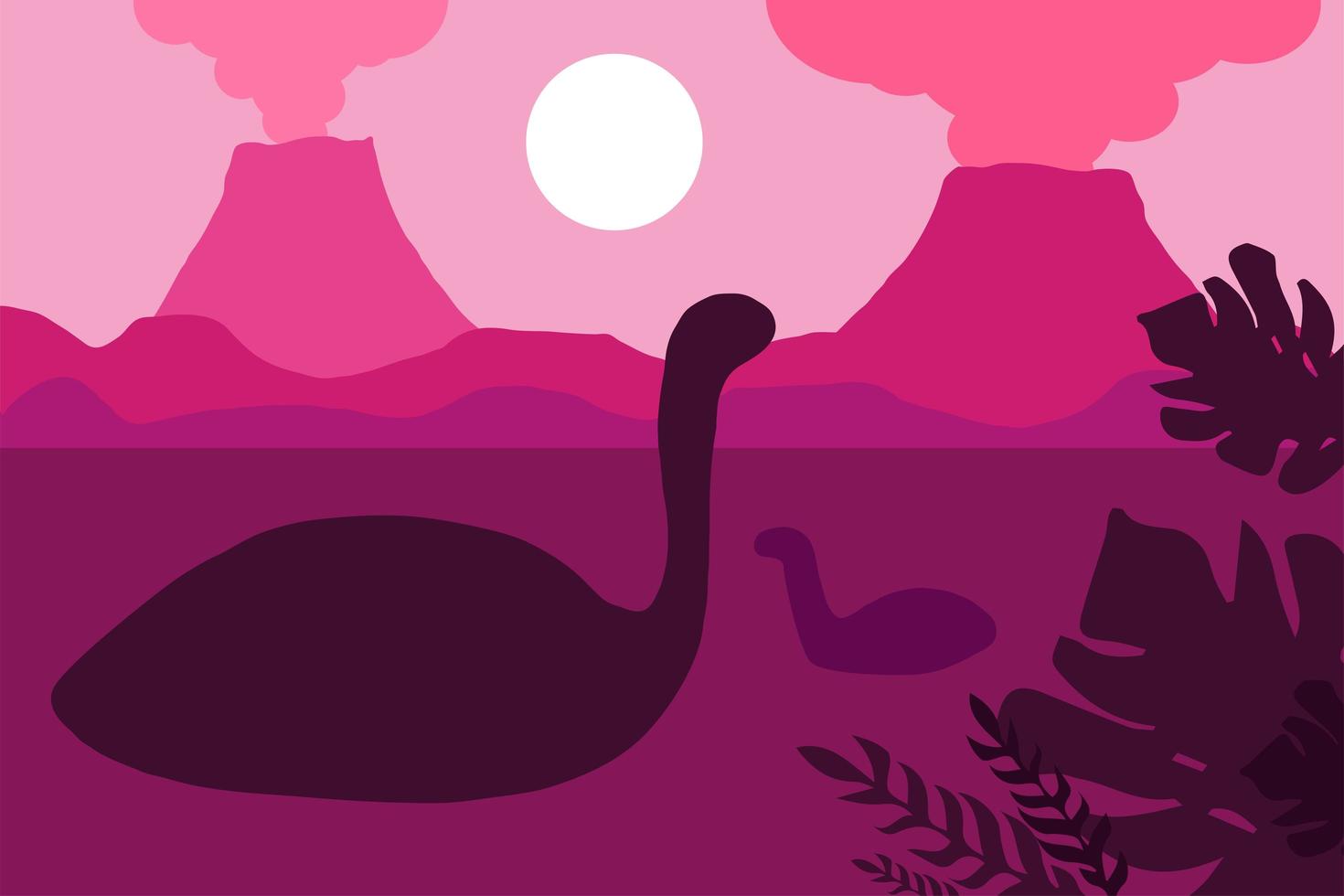 Floating dinosaurs on a background of volcanoes vector