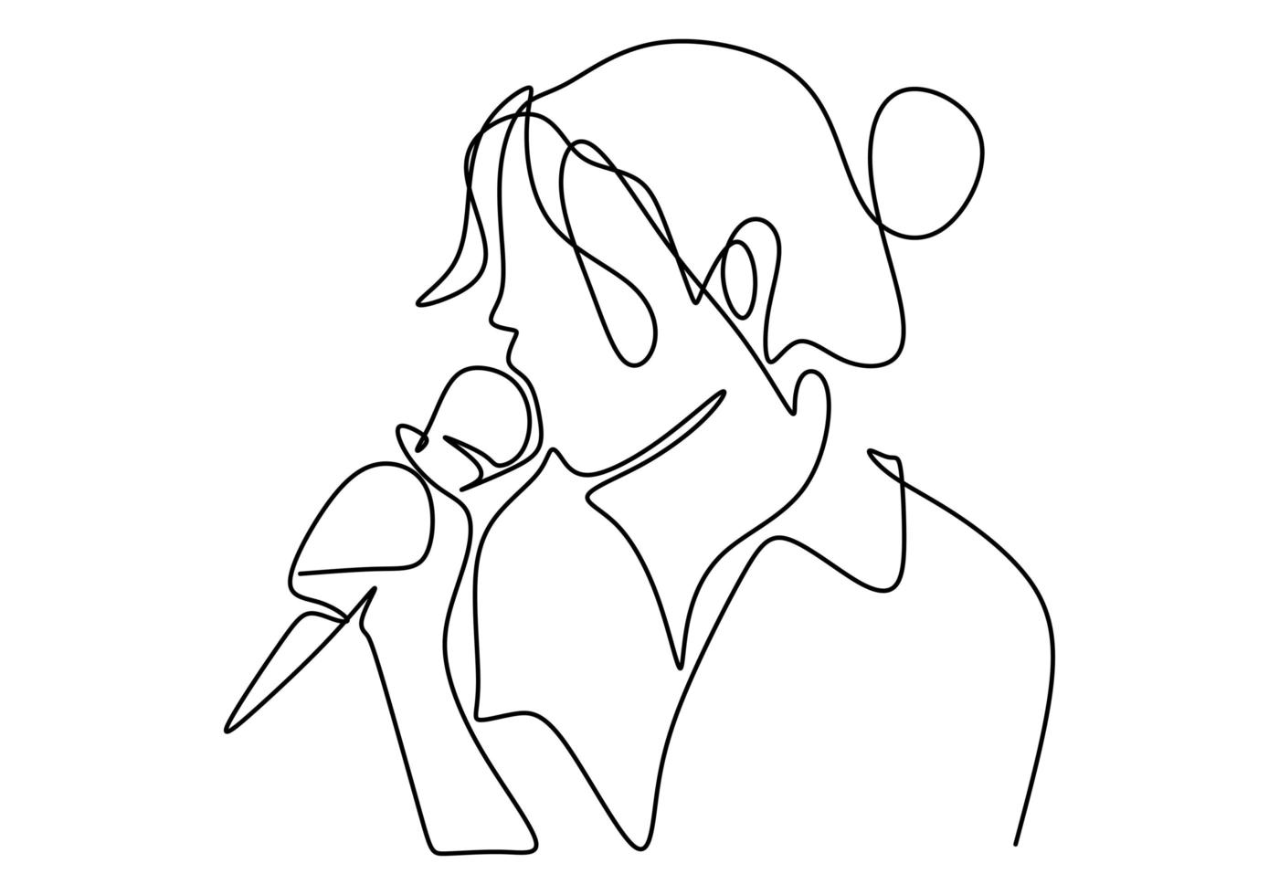 A girl is singing with the microphone in the hand. Singer performance concept single line. vector