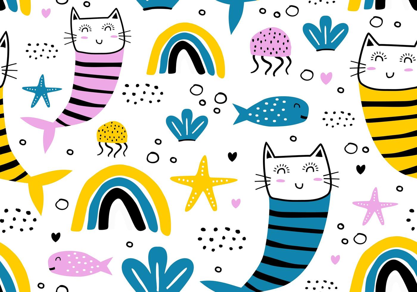 Mermaid cat seamless pattern, vector illustration cute hand drawn. Childish drawing scandinavian style. Bright pastel colors with rainbow, fish, and sea decoration. Good for kids and baby fashion.