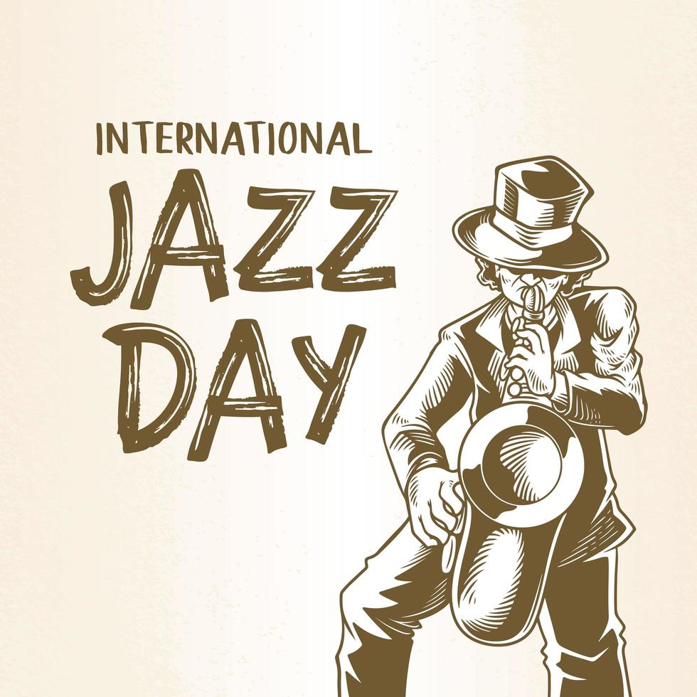 International jazz day with hand drawn saxophonist, a man blowing saxophone, sketch drawing. vector