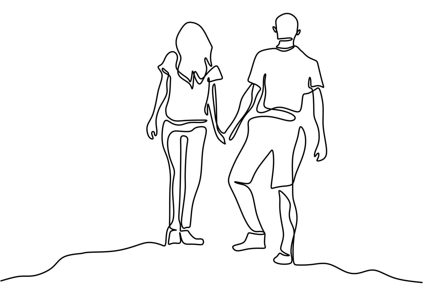 Continuous line drawing. Romantic couple holding hands. Lovers theme concept design. One hand drawn minimalism. Metaphor of love vector illustration, isolated on white background.