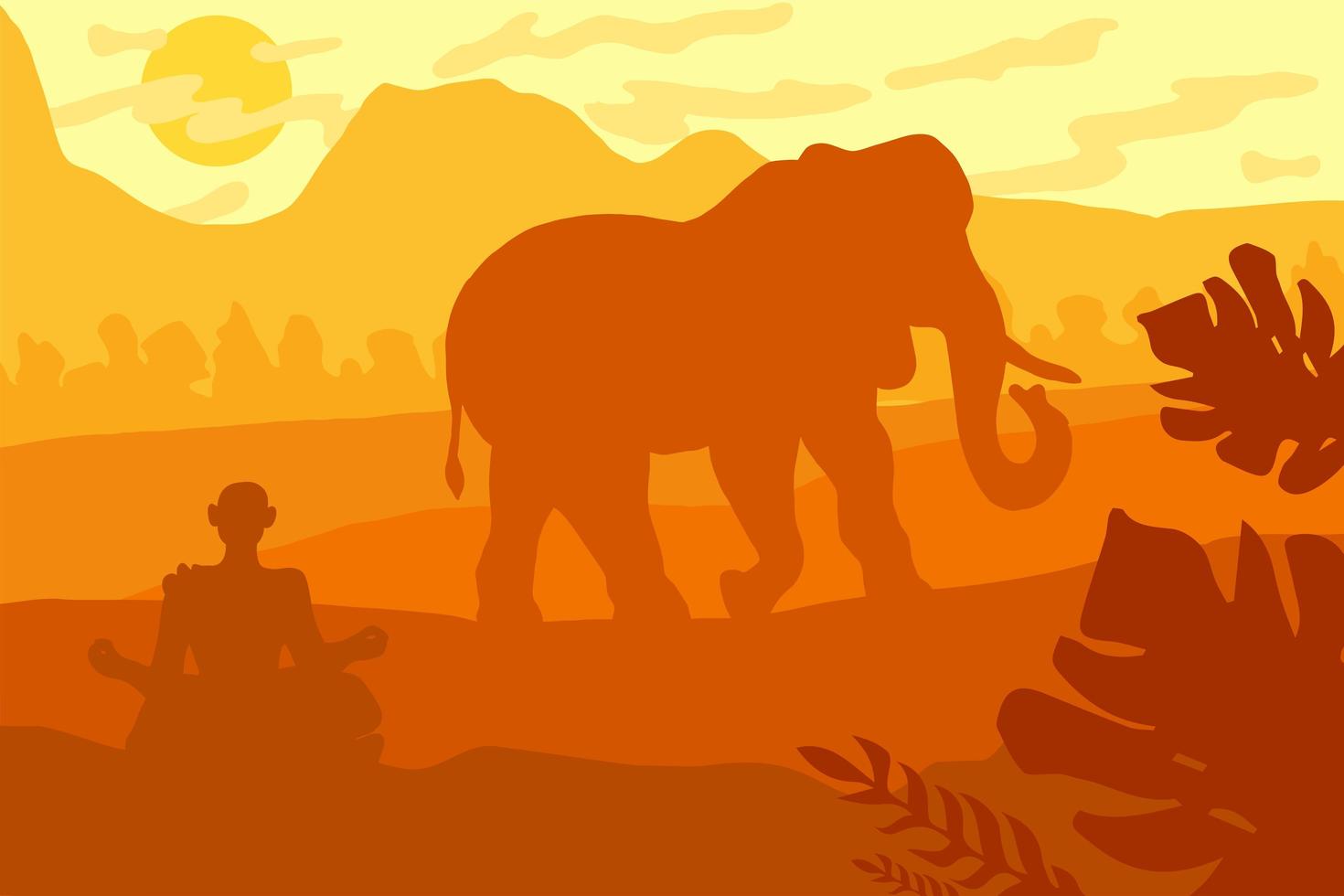 Indian tropical landscape with elephant and monk vector