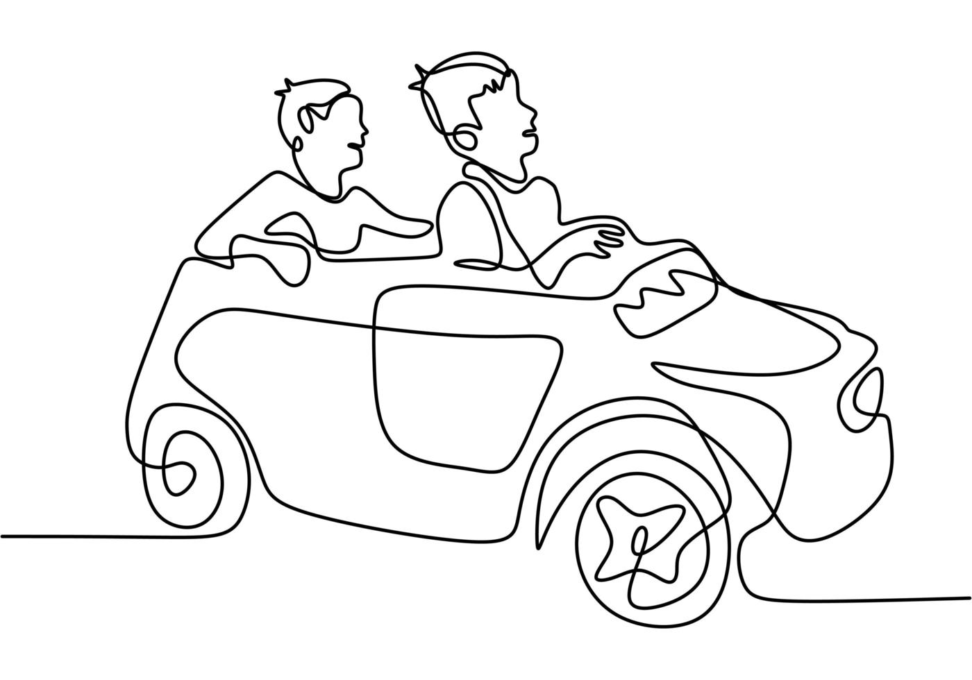 dos niños jugando con su coche de juguete. feliz conduciendo su coche. jugando chico conduciendo en coche. una línea continua. ilustración vectorial vector