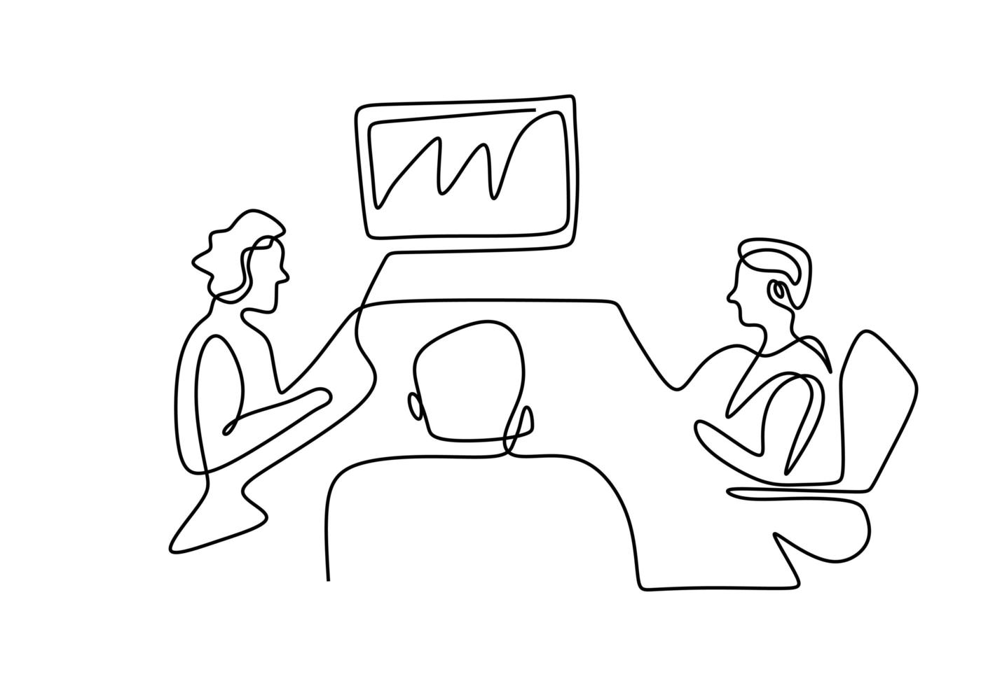 Continuous line drawing of office workers at business meeting. Teamwork with group of man and woman. vector