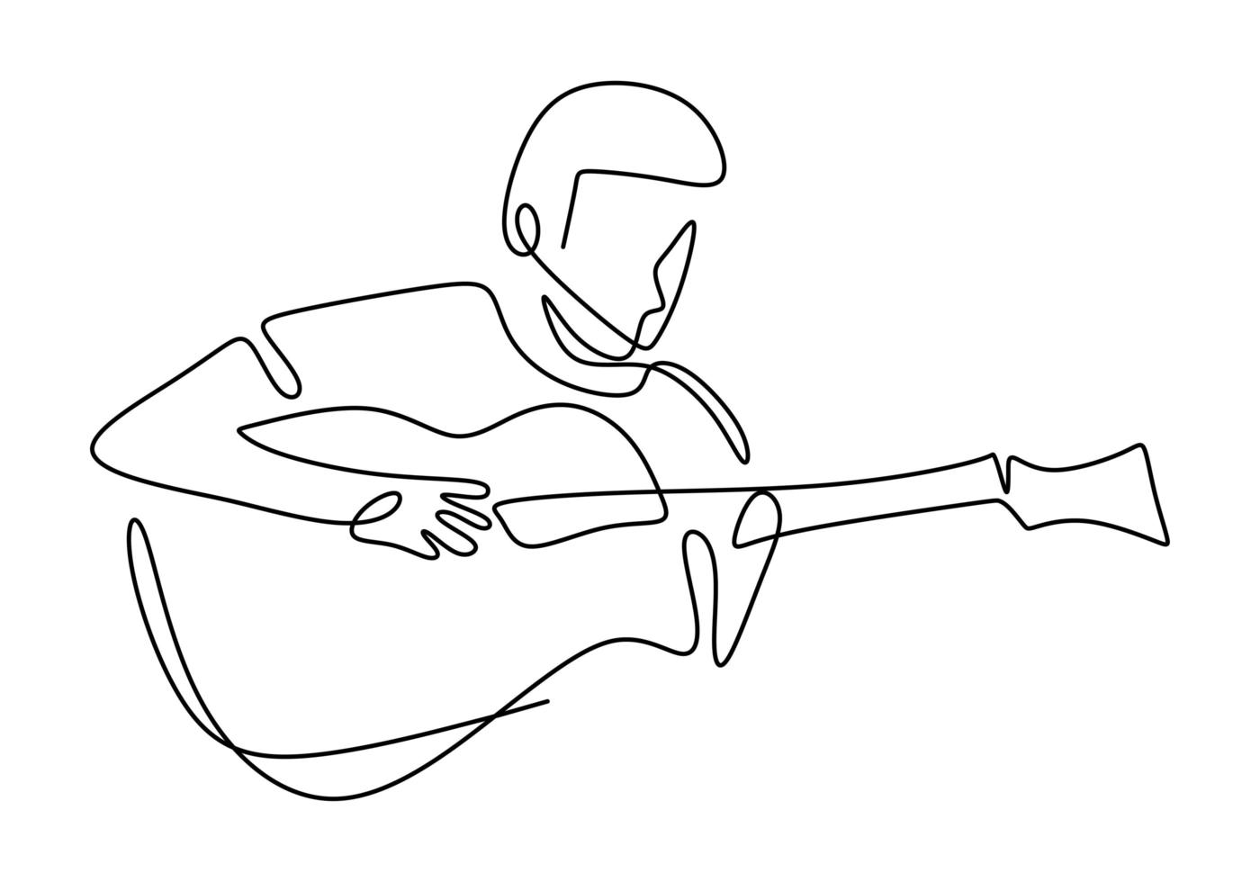 persona canta una canción con guitarra acústica. joven guitarrista masculino feliz. Ilustración de diseño de dibujo de línea única de concepto de rendimiento de artista músico. vector