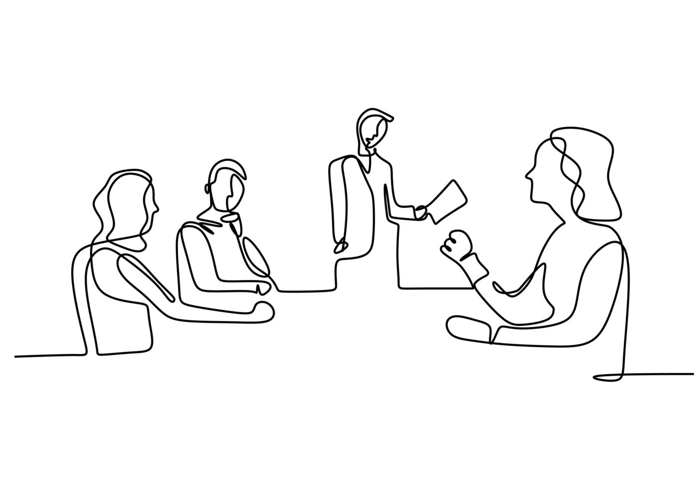 Continuous line drawing of office workers at business meeting. Teamwork with group of man and woman. vector