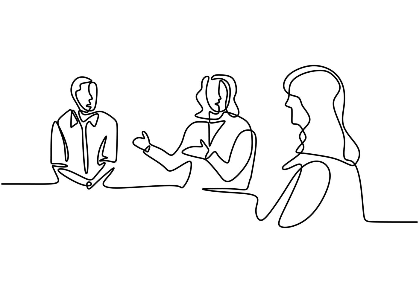 Continuous line drawing of office workers at business meeting. Teamwork with group of man and woman. vector