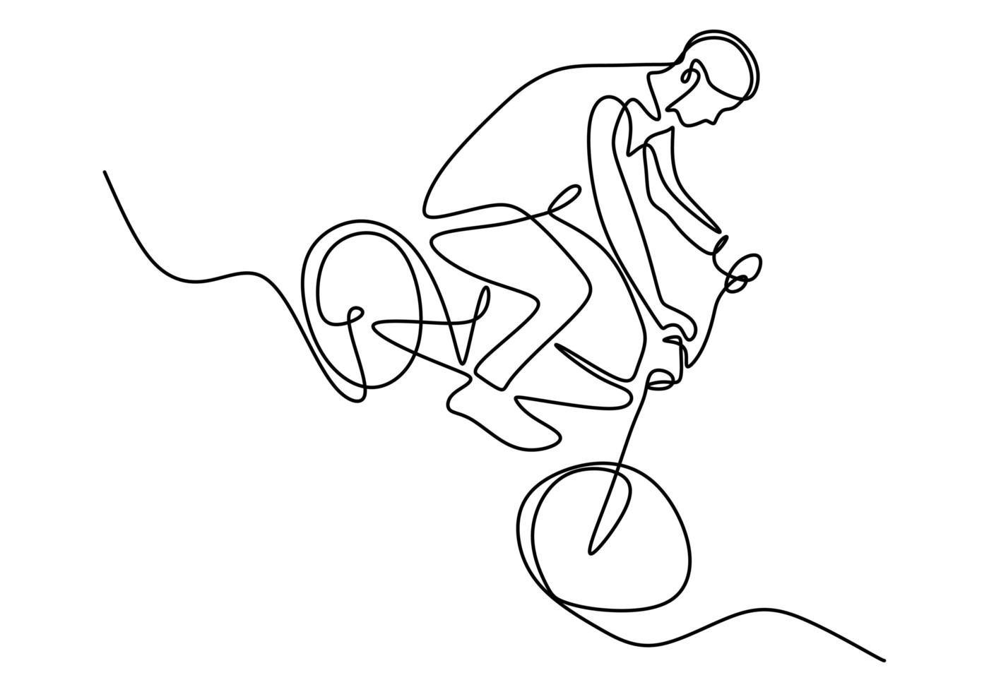 Un solo dibujo de línea continua de un ciclista joven muestra un truco de riesgo extremo de estilo libre. vector