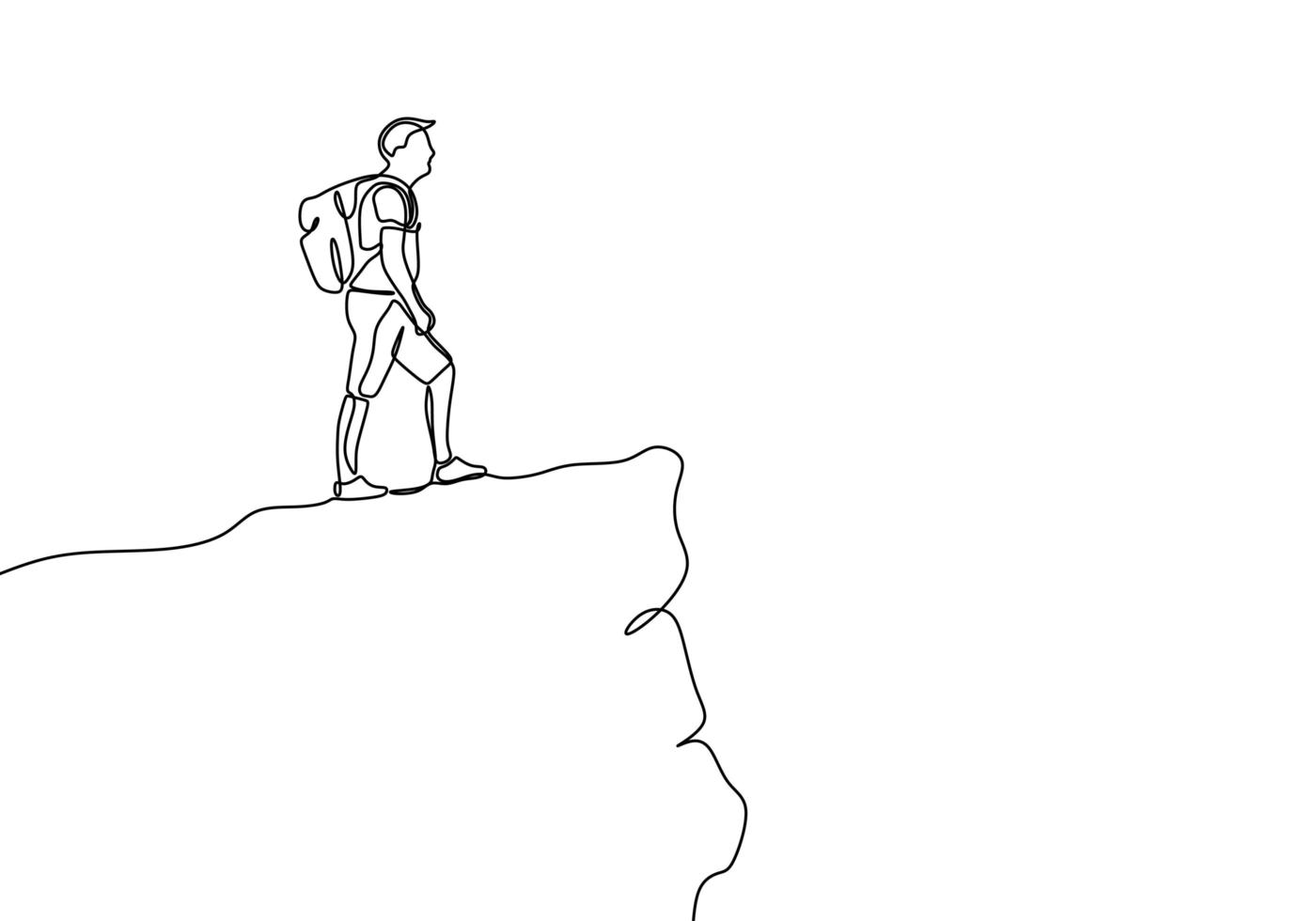 One line drawing of person looking at the top of rock mountain peak. Victory symbol vector illustration.