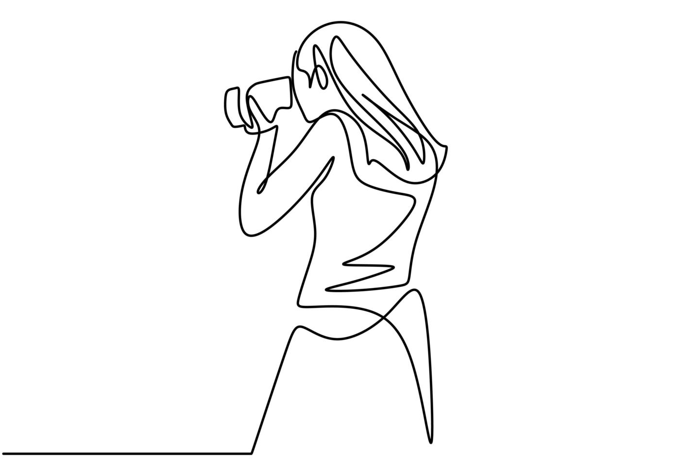 A girl taking photo with her camera. One line continuous. vector