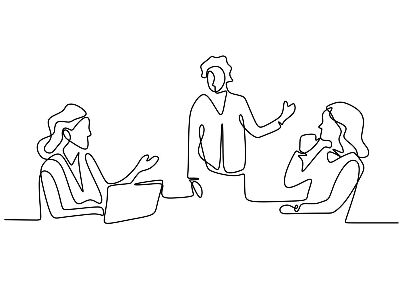 Continuous line drawing of office workers at business meeting. Teamwork with group of man and woman. vector