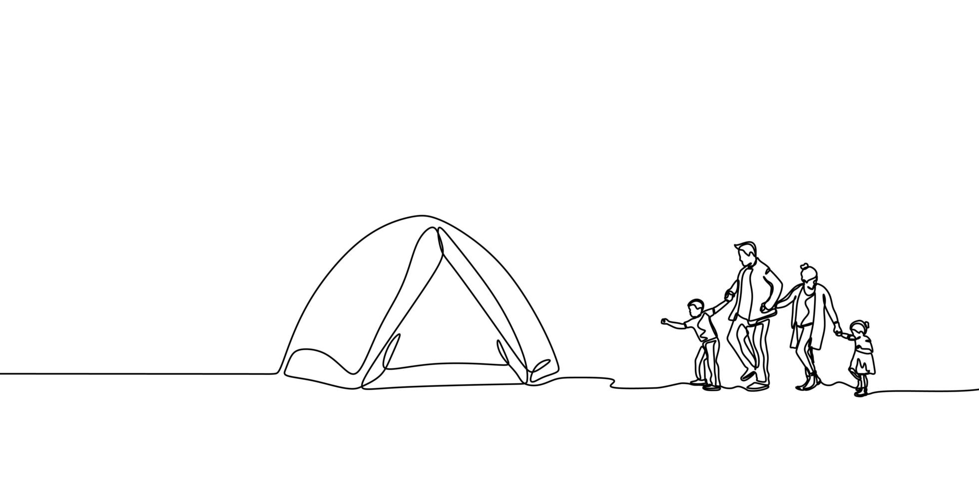 One line drawing of family camping. vector