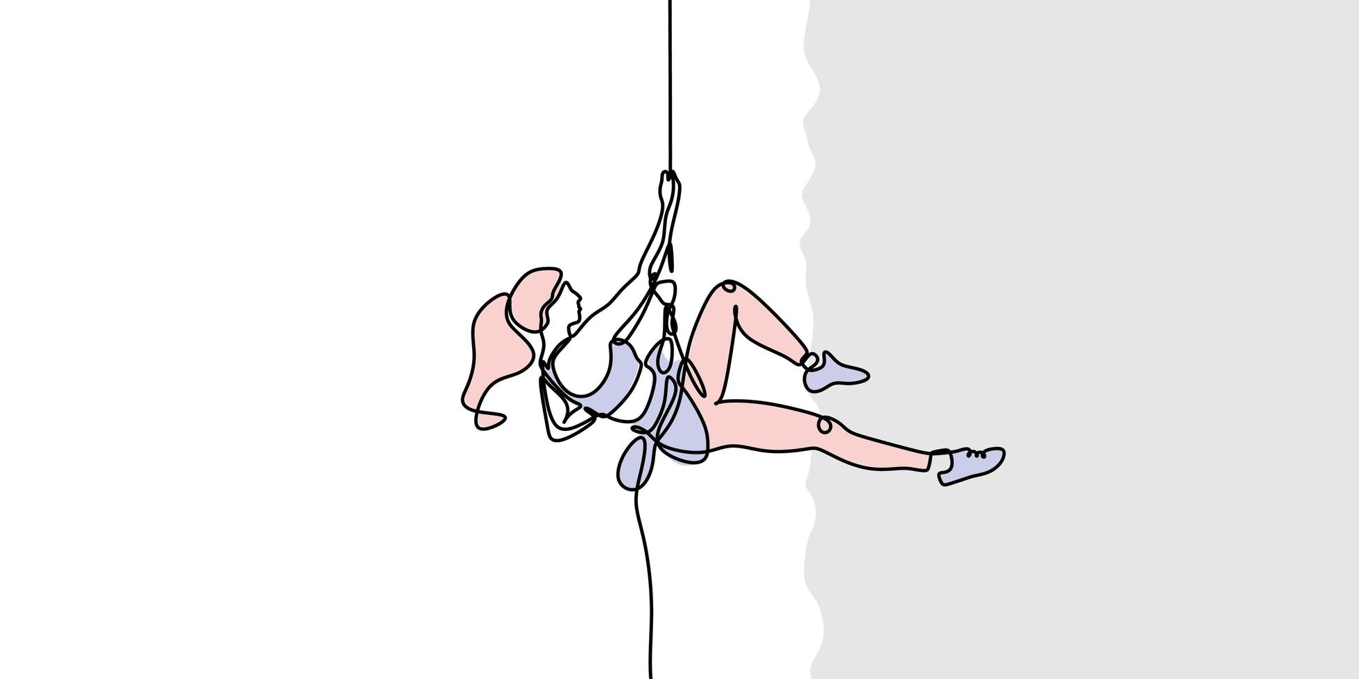 Rock climbing continuous one line drawing. Girl doing extreme sport, adrenaline activity of strong woman. Climber with a rope, simplicity design vector illustration.